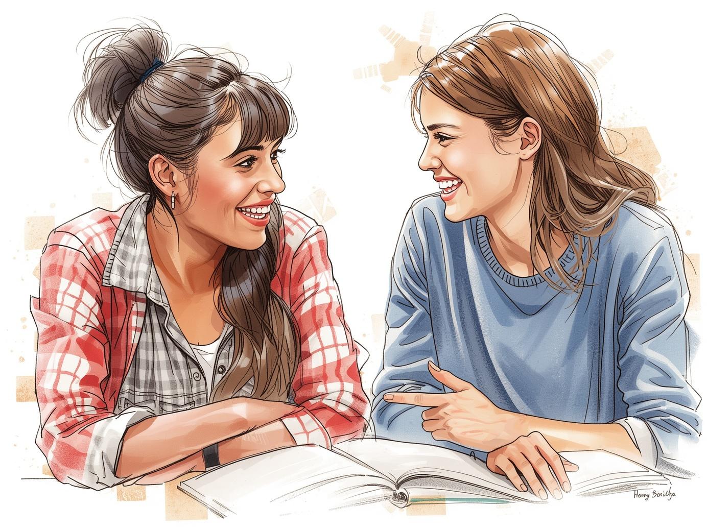 Two friends smiling and practicing language conversation