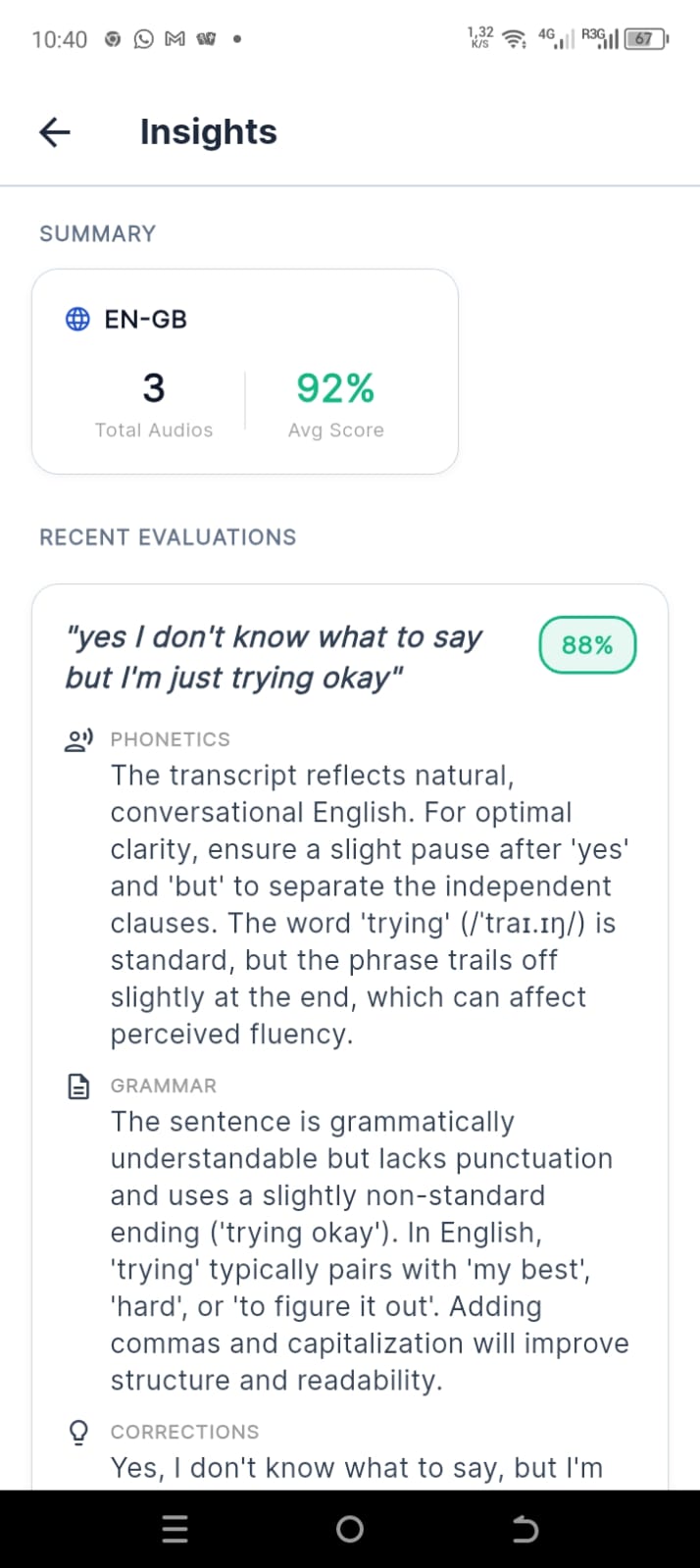 Falable Insights — Pronunciation Score 92%