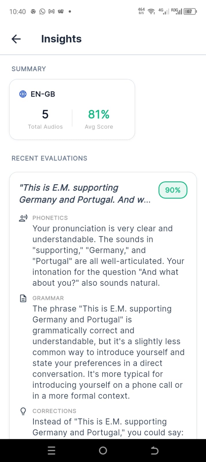 Falable Insights — Pronunciation Score 90%