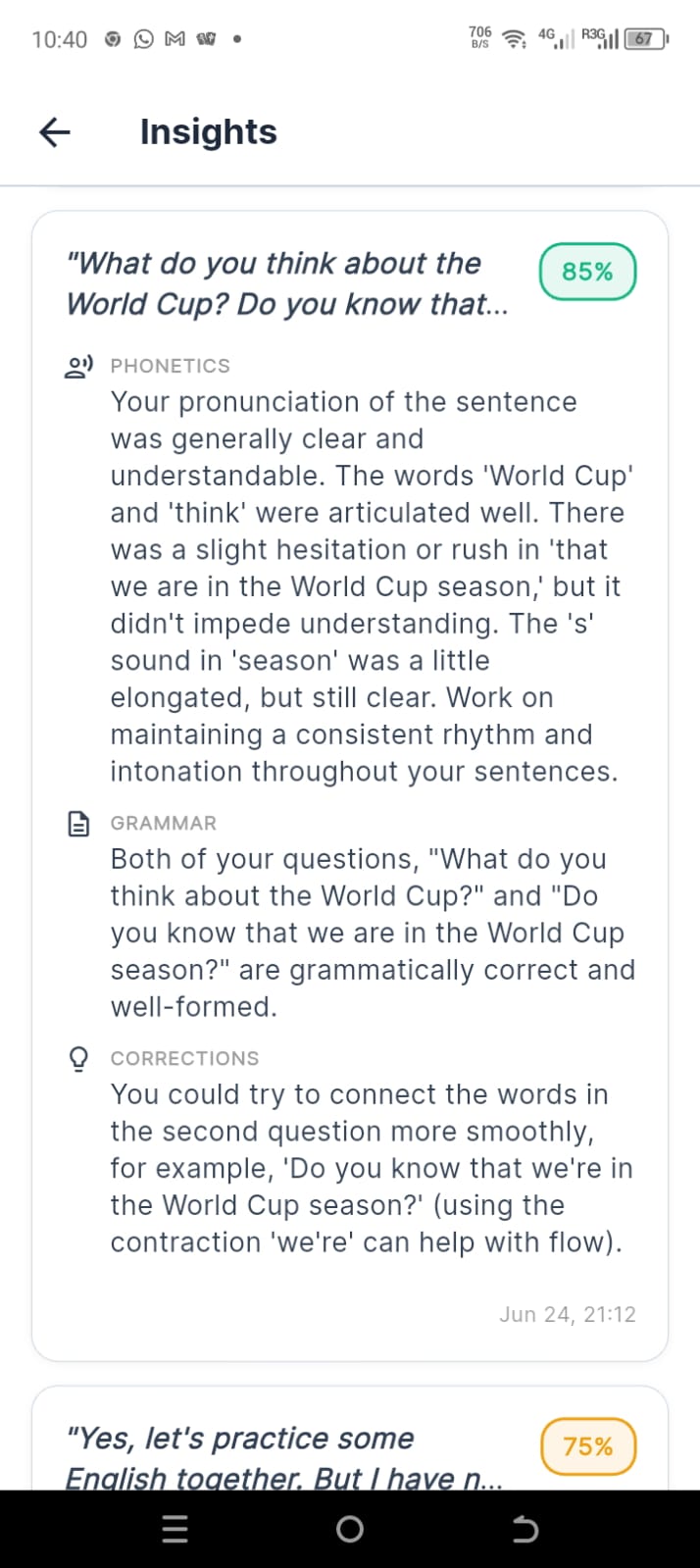 Falable Insights — Pronunciation Score 85%